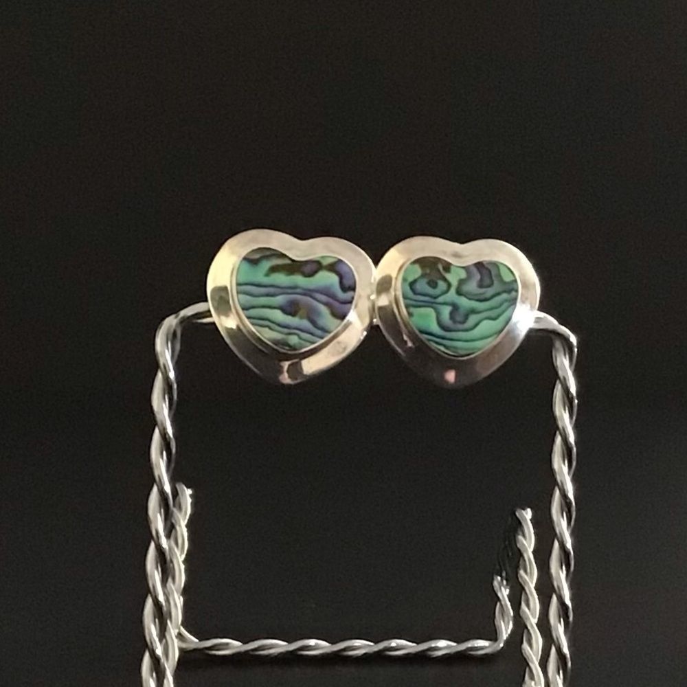 Vintage Sajen Abalone Inlaid Paua Shell Heart Clip On Earrings in 925 Sterling - Picture 6 of 6
